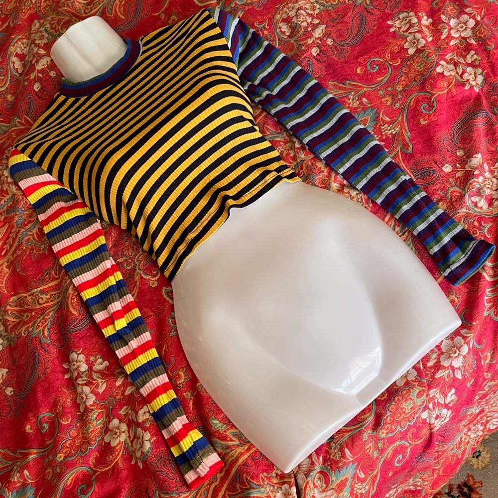 S Asymmetrical multicolored striped mock neck crop cropped top patchwork funky